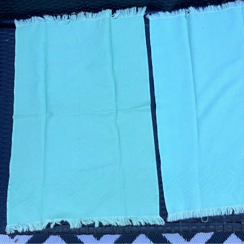 Two Vintage Tea Towels Cloth Aqua and Yellow Embroidered